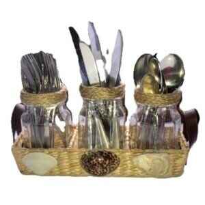 NAUTICAL SEASHELL Woven Basket with Glass Jars Display for Cutlery or Florals